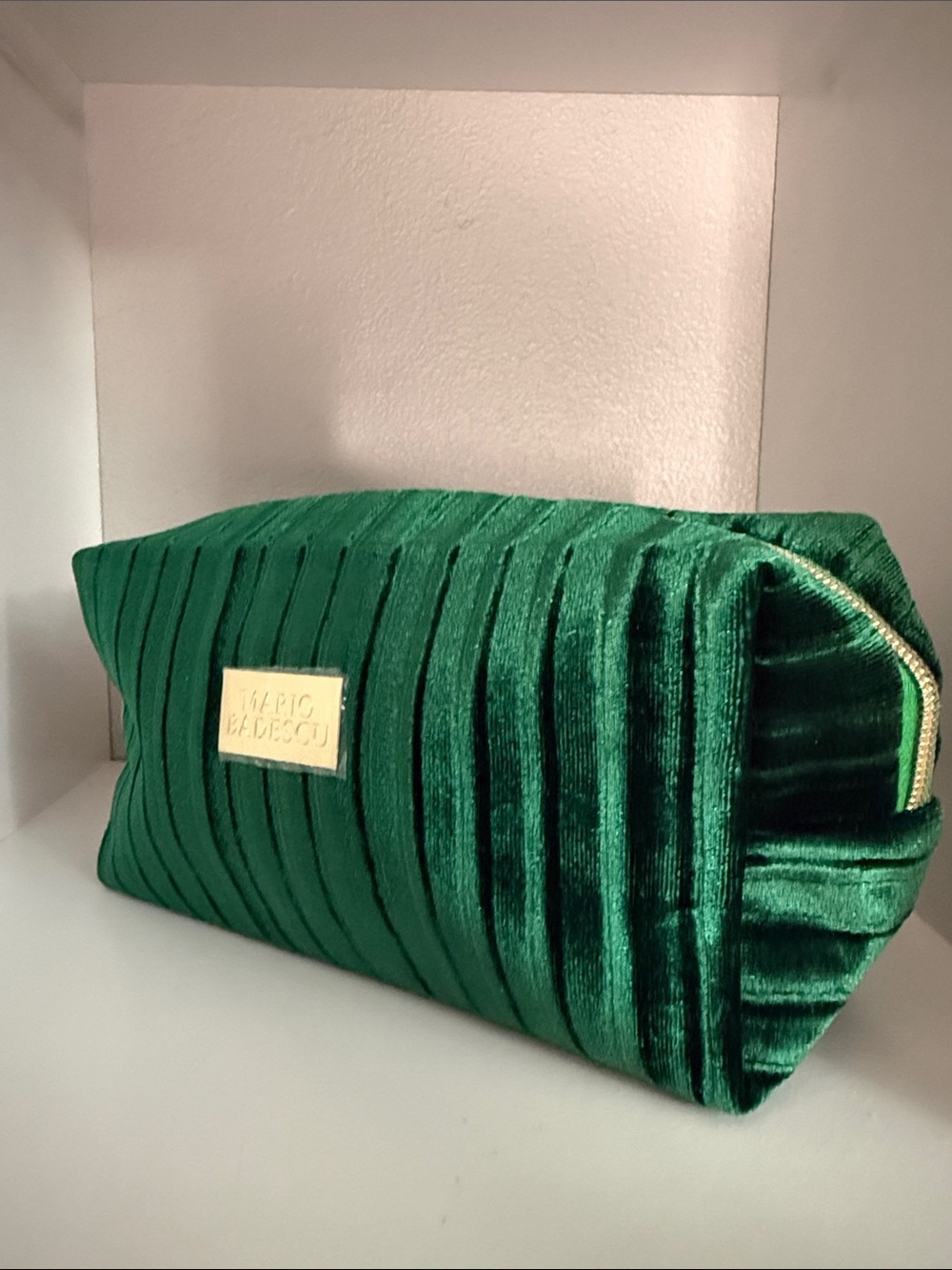 Mario Badescu Green Velvet Pleated Cosmetic Case with Gold Plaque